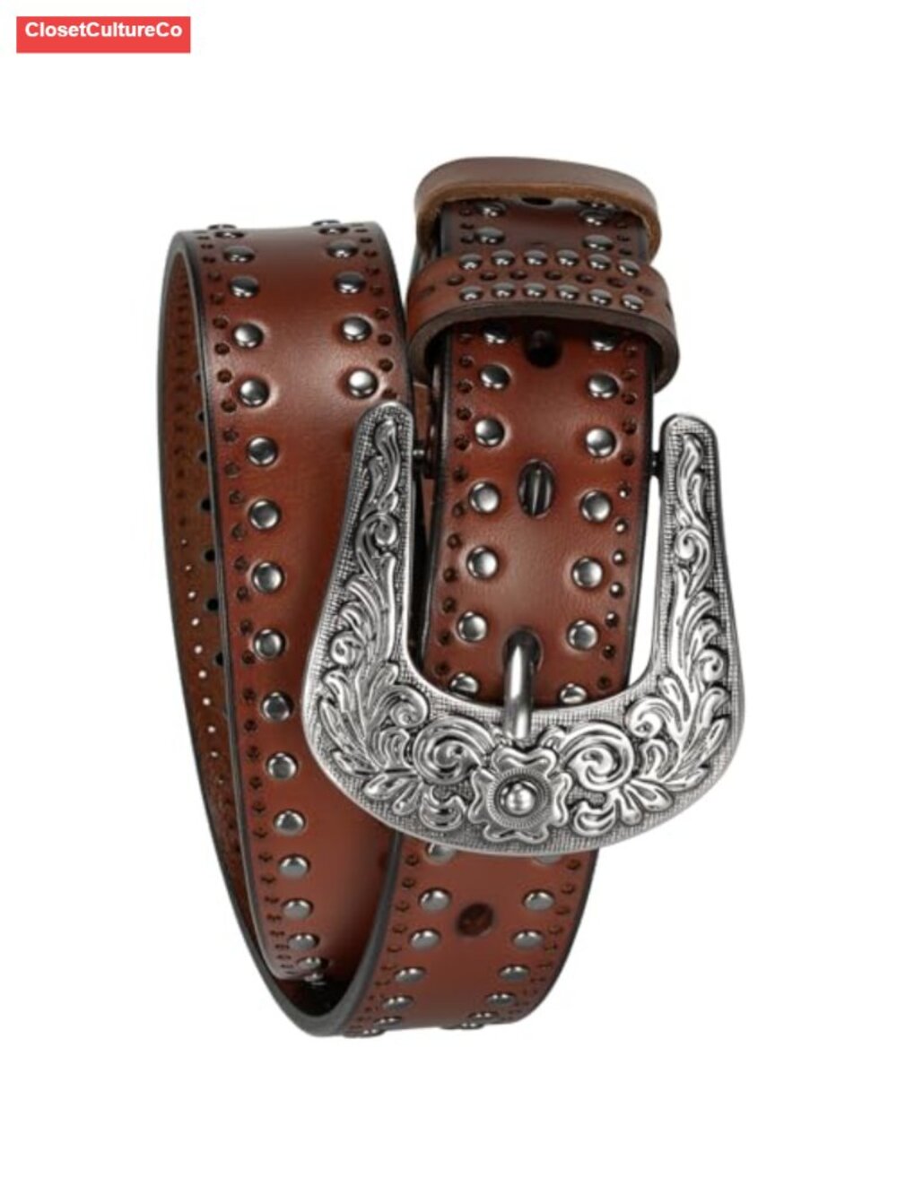 Womens Full-Grain Leather Western Belt Studded Silver Buckle